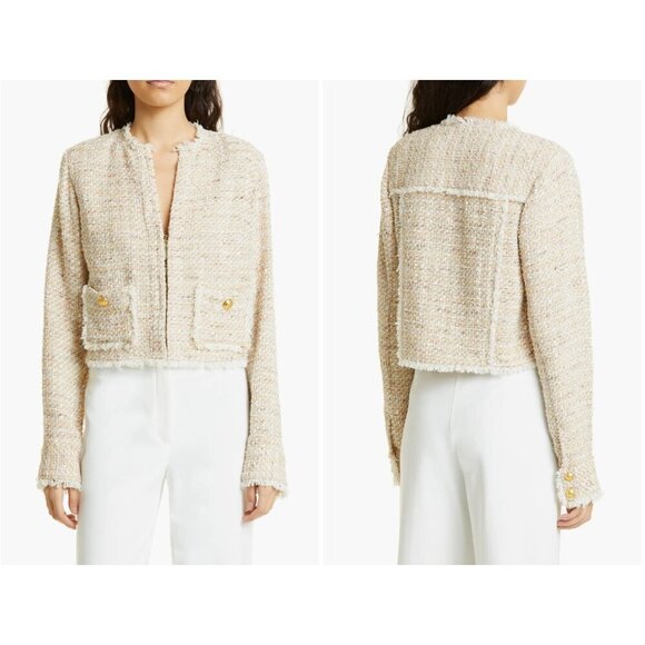 Ramy Brook Diaz Tweed Jacket Beige Fringe Pocket Detail Size 4 - Picture 3 of 10